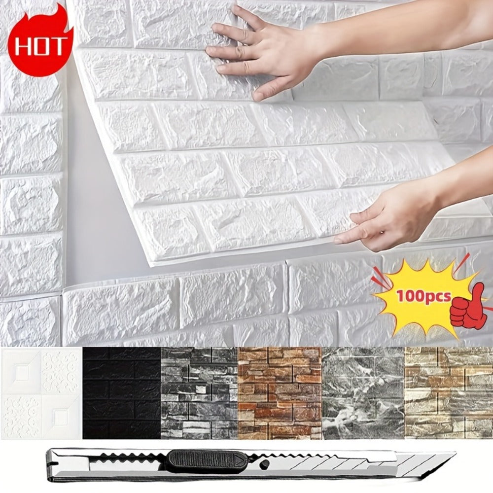 3D Foam Brick Wall Stickers 100pcs Self Adhesive Waterproof Peel and Stick Wallpaper Panels for Bedroom Living Room Bathroom Kitchen Home