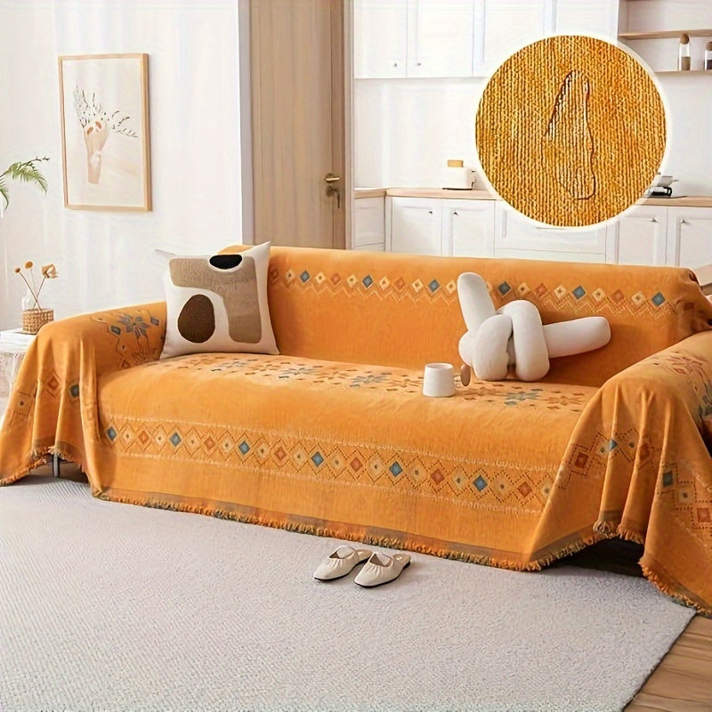 Sofa Cover Bohemian Embroidered Chenille Knit Throw with No Padding in Four Sizes and Five Colors