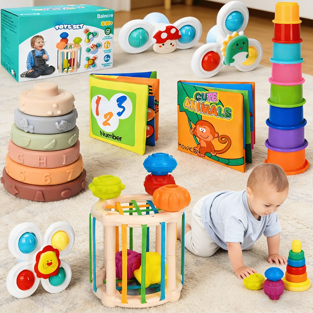 Sensory Stacking Toy Set 3-in-1 for Toddlers & Babies, Hand-Eye Coordination & Fine Motor Skills Activity Kit with Cloth Book