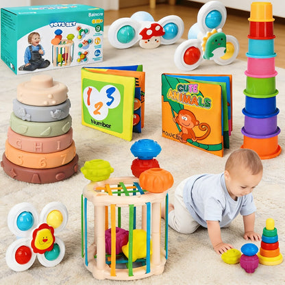 Sensory Stacking Toy Set 3-in-1 for Toddlers & Babies, Hand-Eye Coordination & Fine Motor Skills Activity Kit with Cloth Book