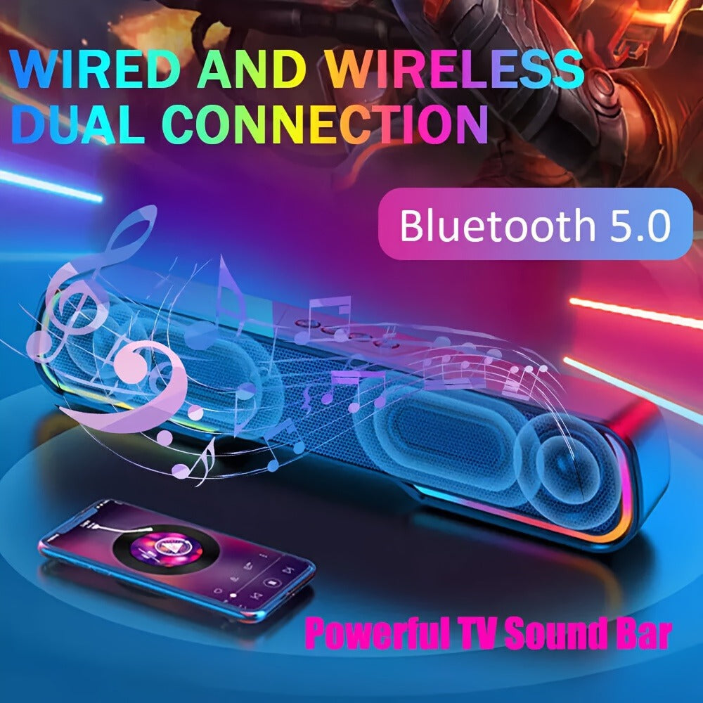 HiFi Soundbar with Subwoofer and RGB Lights, Bluetooth 5.0 Home Theater Speaker, FM Radio TF Card USB AUX TWS