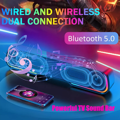 HiFi Soundbar with Subwoofer and RGB Lights, Bluetooth 5.0 Home Theater Speaker, FM Radio TF Card USB AUX TWS
