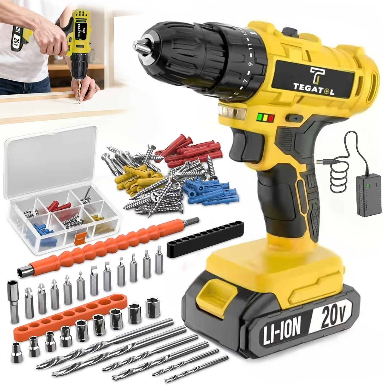Cordless Drill Set 20V - Tegatok Impact Drill Kit with 45Nm Torque, 23-Speed Settings, LED Light