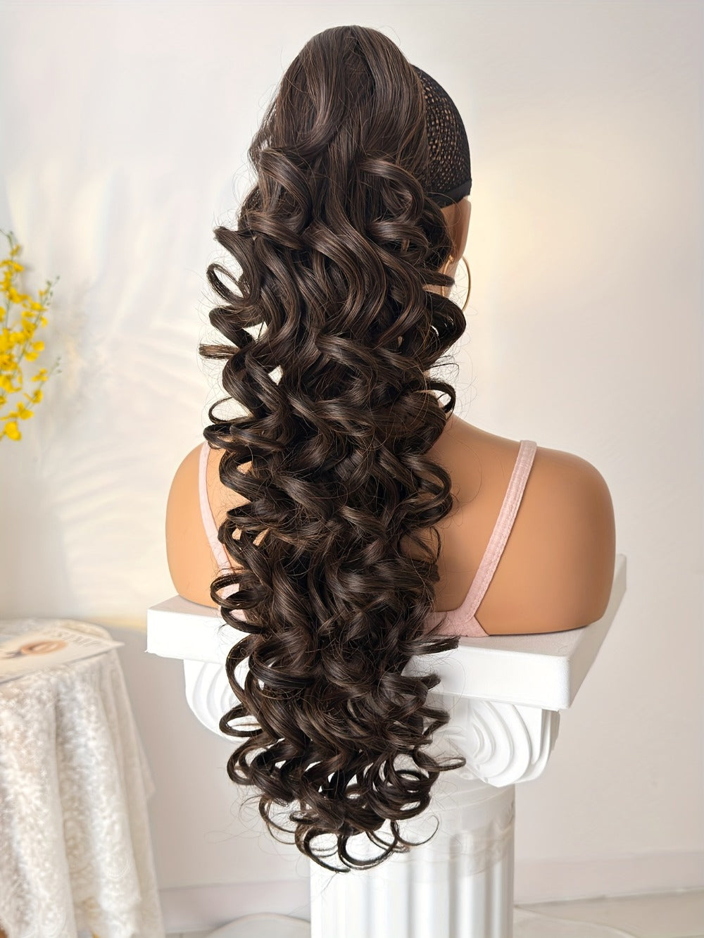 Curly Ponytail Extension 28 Inch Long Heat Resistant Synthetic Clip In Wrap Around Hairpiece Voluminous Bouncy Curls 4 Styles for Women
