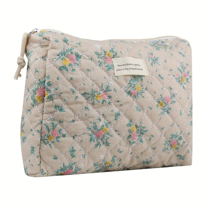 Makeup Bag Four-Piece Quilted Cotton Floral Pouch Set in Five Styles for Travel, Vanity and Everyday Beauty Storage
