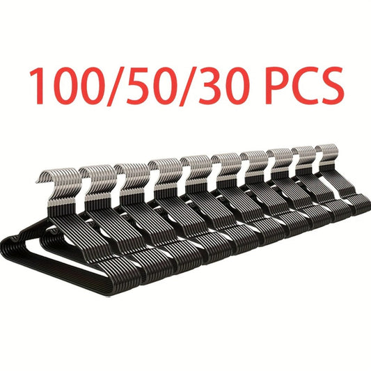 High-Manganese-Steel Clothes Hangers in 30, 50 or 100-Piece Black Packs with Coated Shoulder and Lower Bars