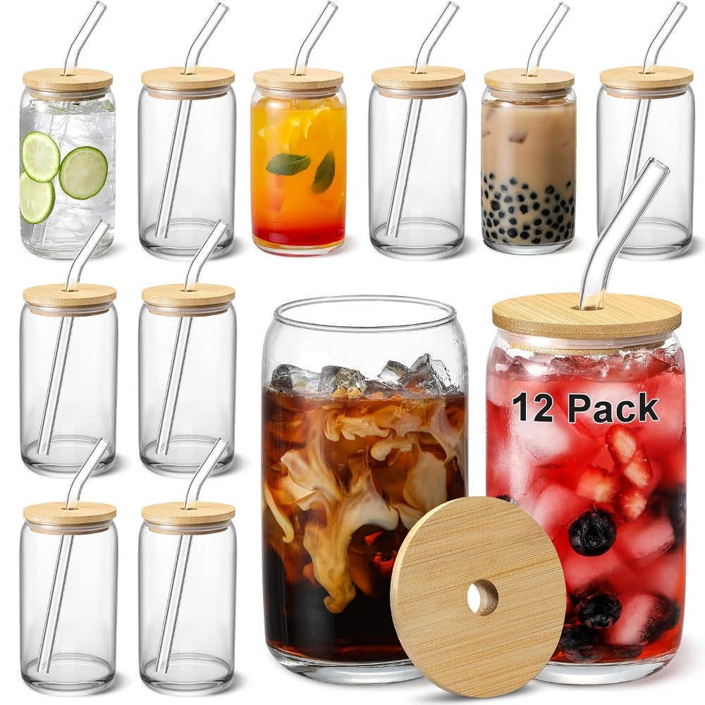 Glass Coffee Cup Drinkware Set, 16oz Clear Cups with Bamboo Lids, Glass Straws and Brushes in 4 to 16 Pieces