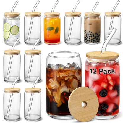 Glass Coffee Cup Drinkware Set, 16oz Clear Cups with Bamboo Lids, Glass Straws and Brushes in 4 to 16 Pieces