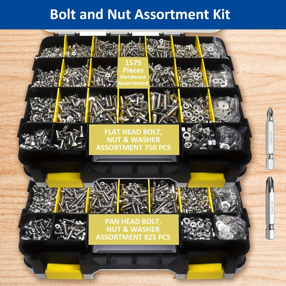 1575pcs 304 Stainless Steel Nuts and Bolts Assortment Kit for Entryways, Bedrooms and Living Spaces