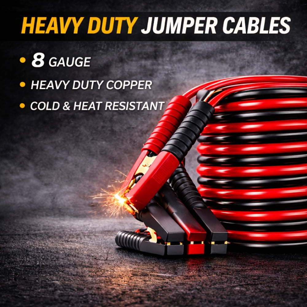 Car Emergency Roadside Kit with Jumper Cables – 12-Piece Automotive Safety Kit with Tow Rope, Safety Hammer, Tire Gauge