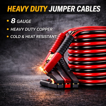 Car Emergency Roadside Kit with Jumper Cables – 12-Piece Automotive Safety Kit with Tow Rope, Safety Hammer, Tire Gauge