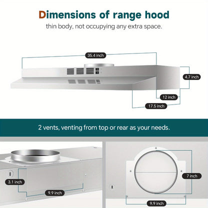 Range Hood 36 Inch Under Cabinet Ducted Ductless Convertible Stainless Steel 350CFM 2-Speed for Home Cooking, Dining and Outdoor Meals