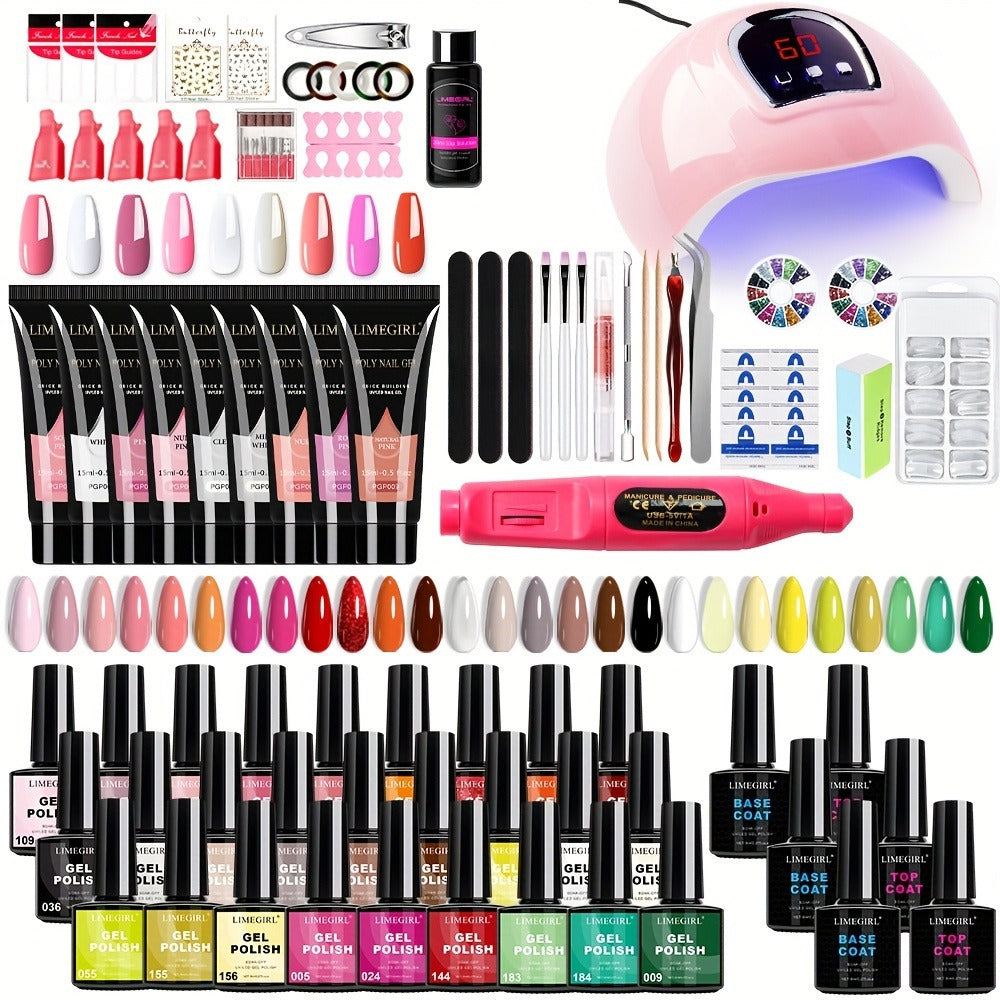 36-Color Polygel Nail Extension Kit with LED UV Lamp, Complete Poly Gel Starter Set with Dual Forms, Slip