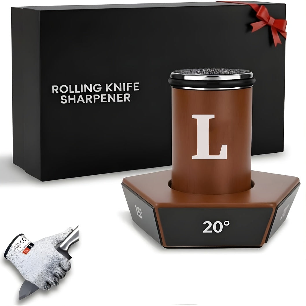 Rolling Knife Sharpener with Two-Angle or Five-Sided Magnetic Base Options in Wood Finish Design