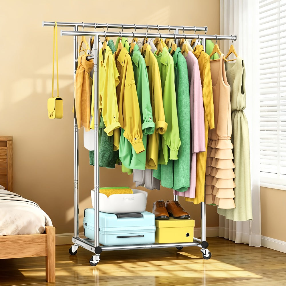 Portable Clothes Rack with Wheels, Double Rod Garment Rack with Shelves & Hooks, Metal Rolling Clothing Rack for Hanging Clothes