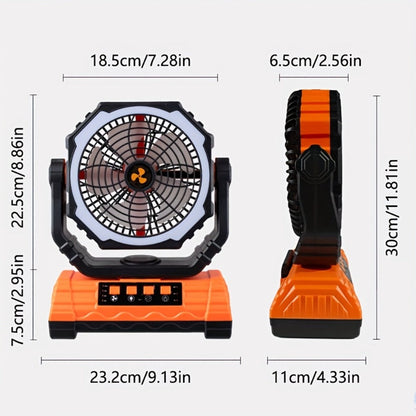 Portable Camping Fan with Dual Motors LED Light & Remote Control, Solar Powered Outdoor Fan with Hook for Tent Work Site Power Outage
