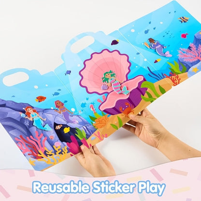 Reusable Sticker Books for Toddlers Girls 3 Pack, 3D Foam Sticker Activity Books Mermaid Princess Fashion Themes