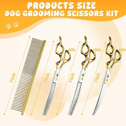 Curved Dog Grooming Shears Set 7 Inch – 440C Stainless Steel Curved Scissors Thinning Chunker Comb Ergonomic Handle Professional Pet