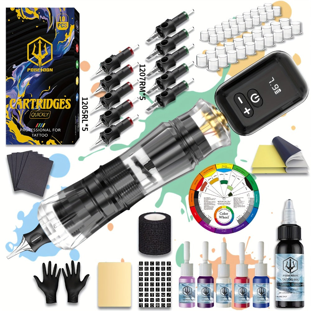 Tattoo Machine Kit POSEIDON PS090-161 Wireless Rotary Pen with 1400mAh Battery, Display, 10 Cartridges and 6 Inks