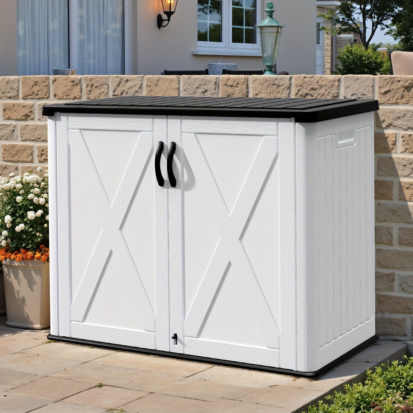 Resin Deck Box Lockable Outdoor Storage, for Garden, Patio and Yard Use, with the Listed Configuration