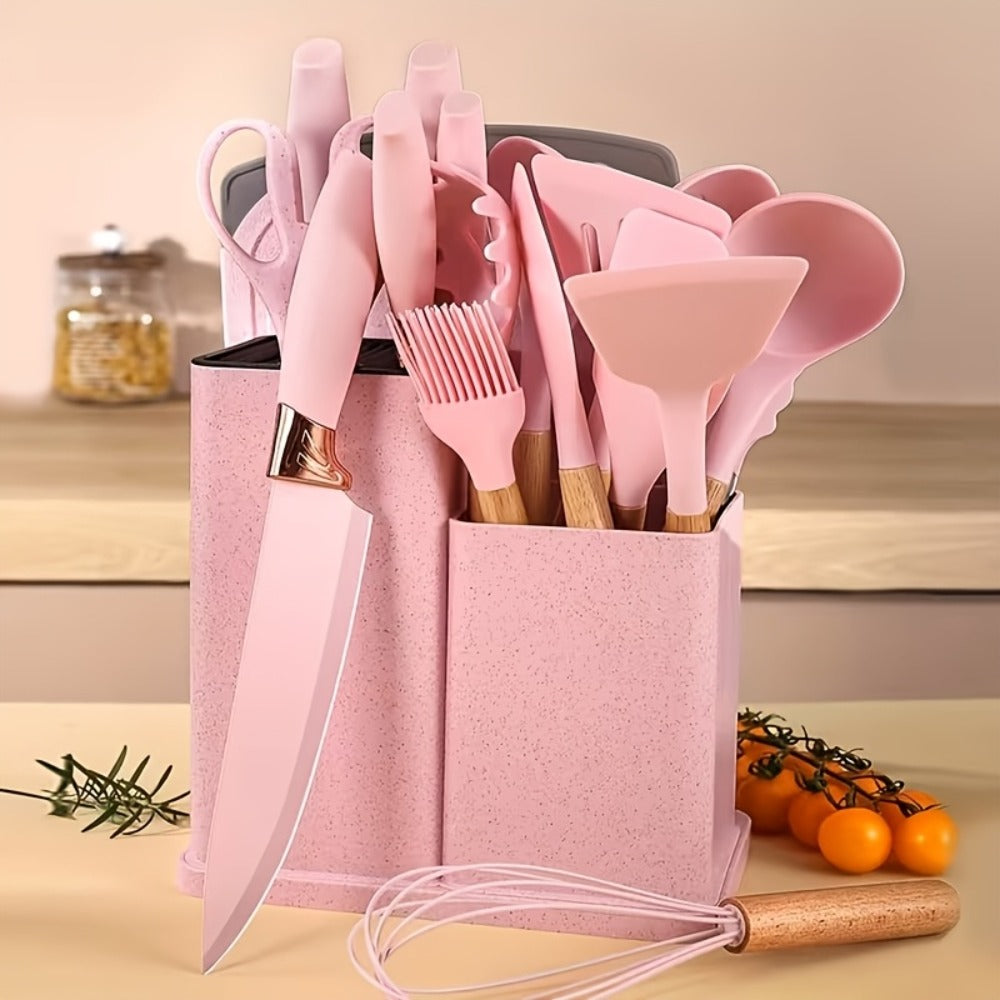 19-Piece Non-Stick Silicone Cookware Set with Bamboo Storage, Knives & Wooden Handle, Pots, Pans & Utensils for Induction & Oven