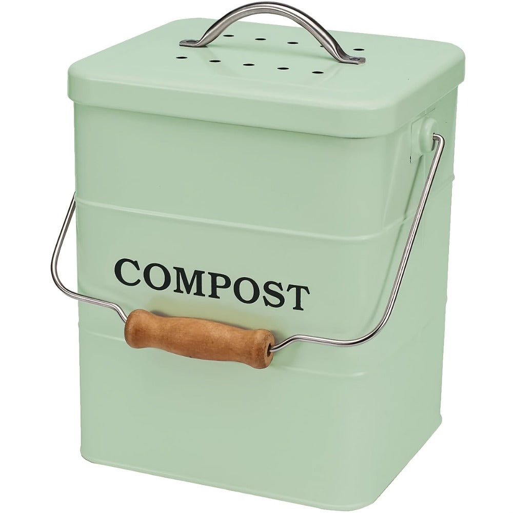 Kitchen Compost Bin 1 Gallon with Charcoal Filter & Wooden Handle, Odor-Free Indoor Countertop Food Waste Bin