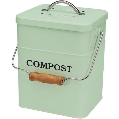Kitchen Compost Bin 1 Gallon with Charcoal Filter & Wooden Handle, Odor-Free Indoor Countertop Food Waste Bin