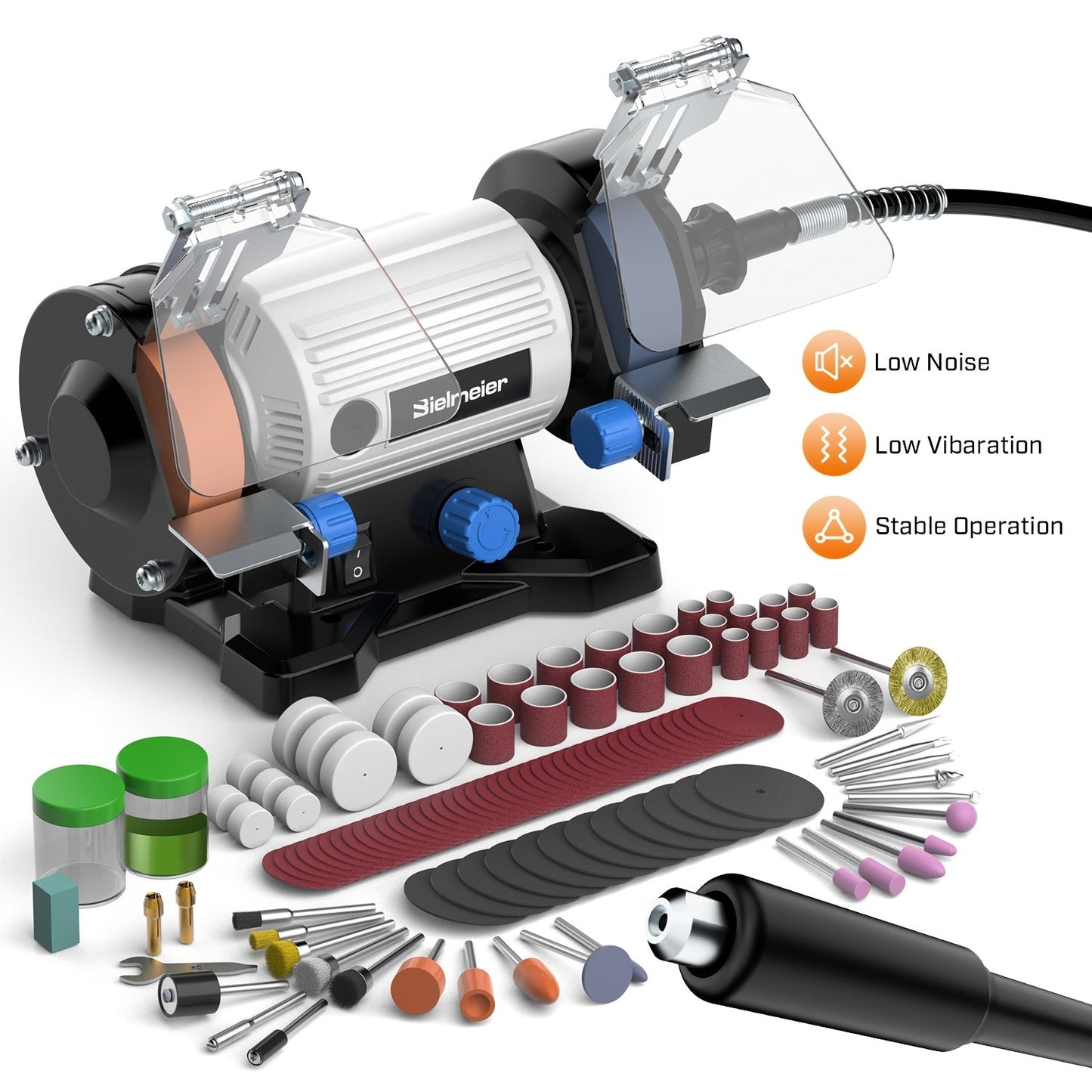 Bench Grinder 3 Inch Rotary Tool Kit 110pcs Accessories Flexible Shaft 105cm Buffer Polisher for Entryways, Bedrooms and Living Spaces