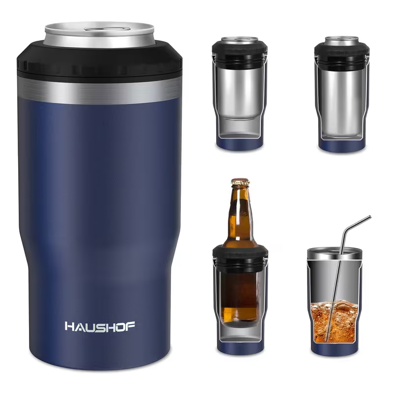 Can Cooler Insulated Stainless Steel 4-in-1 for 12 oz Standard Slim Can & Beer Bottle – Double Wall Sweat-Proof Beer Koozie for Camping