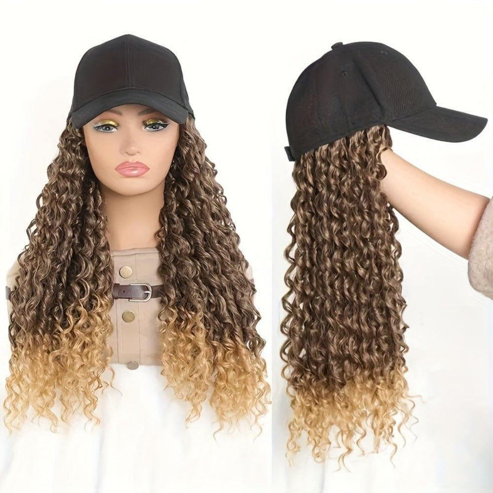 Afro Kinky Curly Baseball Cap Wig for Women 18 Inch Hat and Wig Combo Adjustable Elastic Net Long Synthetic Curly Hair Multi-Color Casual
