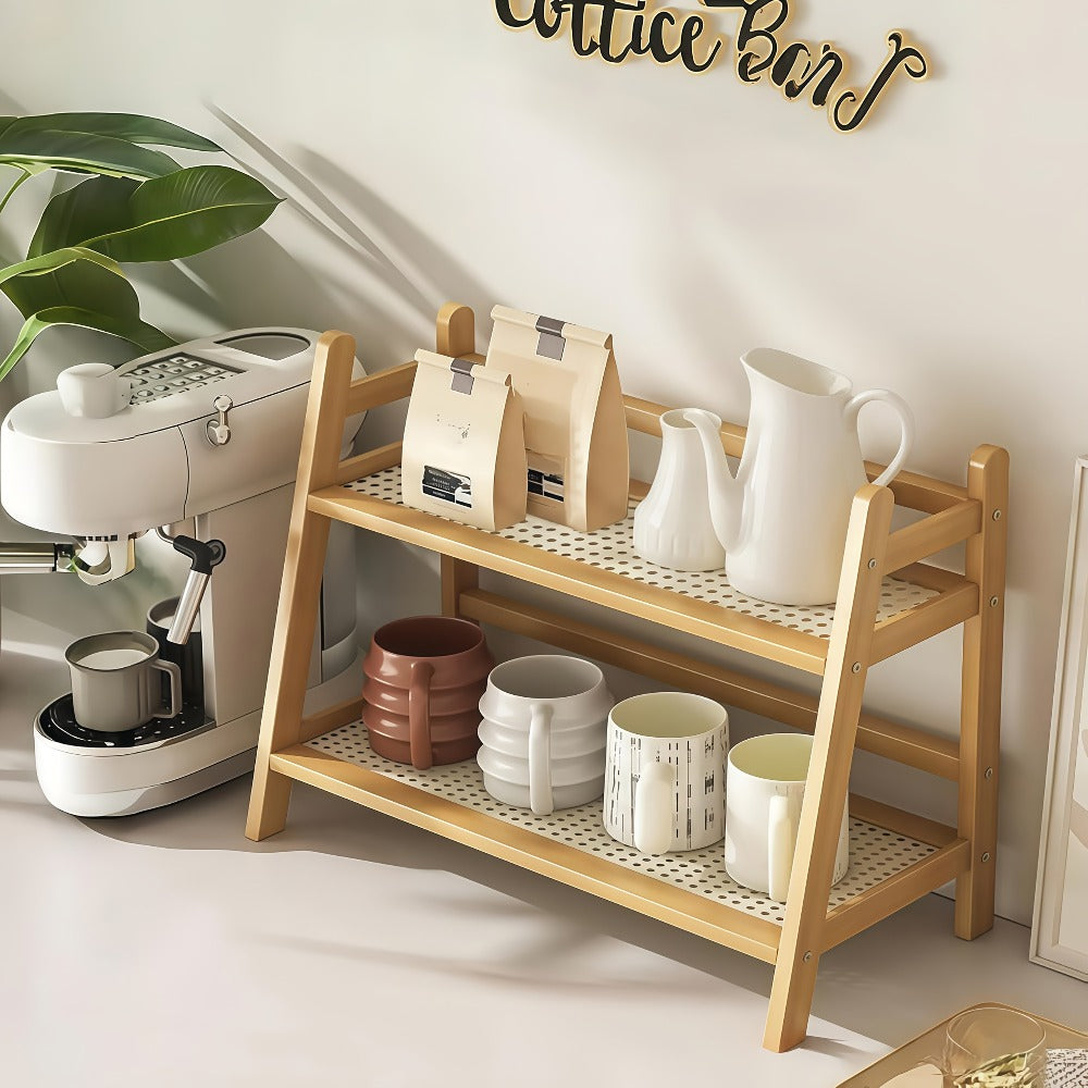 Bamboo Countertop Shelf Organizer 2-Tier – Trapezoidal Wooden Storage Rack for Kitchen Office Bedroom and Desk