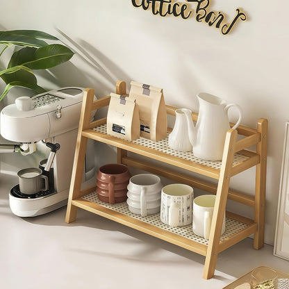 Bamboo Countertop Shelf Organizer 2-Tier – Trapezoidal Wooden Storage Rack for Kitchen Office Bedroom and Desk