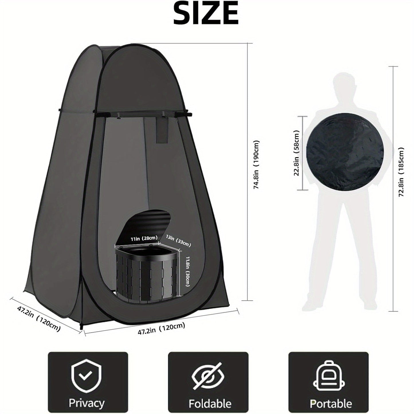 Pop-Up Privacy Tent with Portable Camping Toilet for Adults, Foldable Outdoor Shower Changing Potty Tent Kit with 12 Toilet Bags