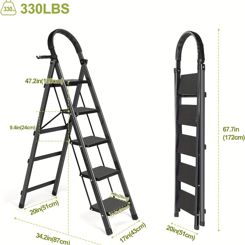 Folding Step Ladder 3 / 4 / 5 Step with Anti-Slip Pedal & Tool Tray, Portable Steel Step Stool for Adults