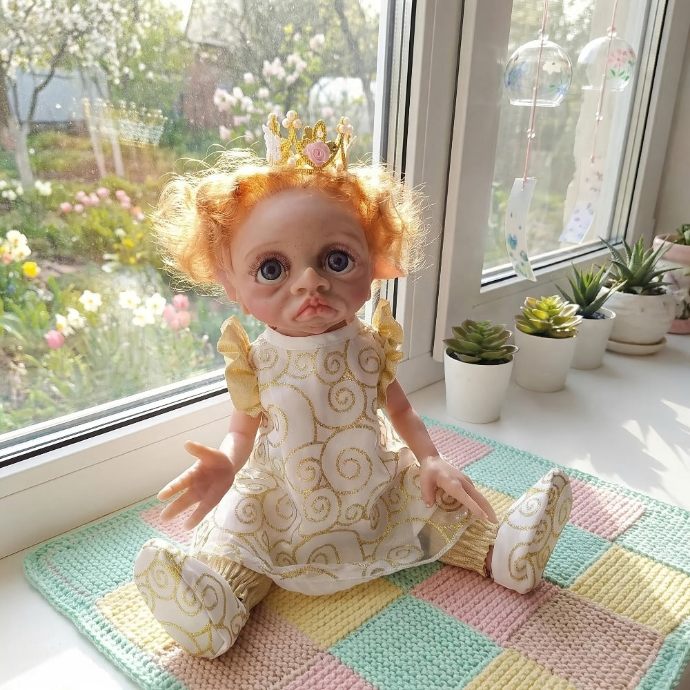 Fairy Elf Reborn Doll 15 Inch Vinyl Full Body Hand-Painted Collectible Art Doll with Wavy Hair & Crown