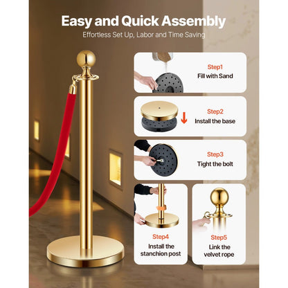 Stanchion Posts with Red Velvet Rope Set – Gold Crowd Control Barrier, for Home, Office and Event Organization