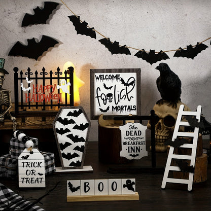Halloween Tiered Tray Decor Set 14pcs – Bat Wooden Signs Farmhouse Black White Rustic Table Decorations for Kitchen Home Party Supplies