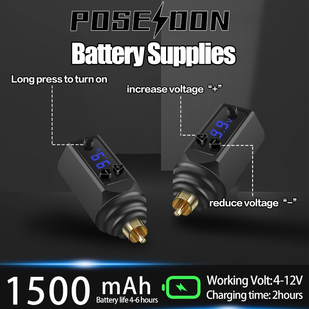 Tattoo Machine Kit POSEIDON TU12 Wireless Pen with 1500mAh Battery, USB-C, 20 Cartridges and Practice Skin