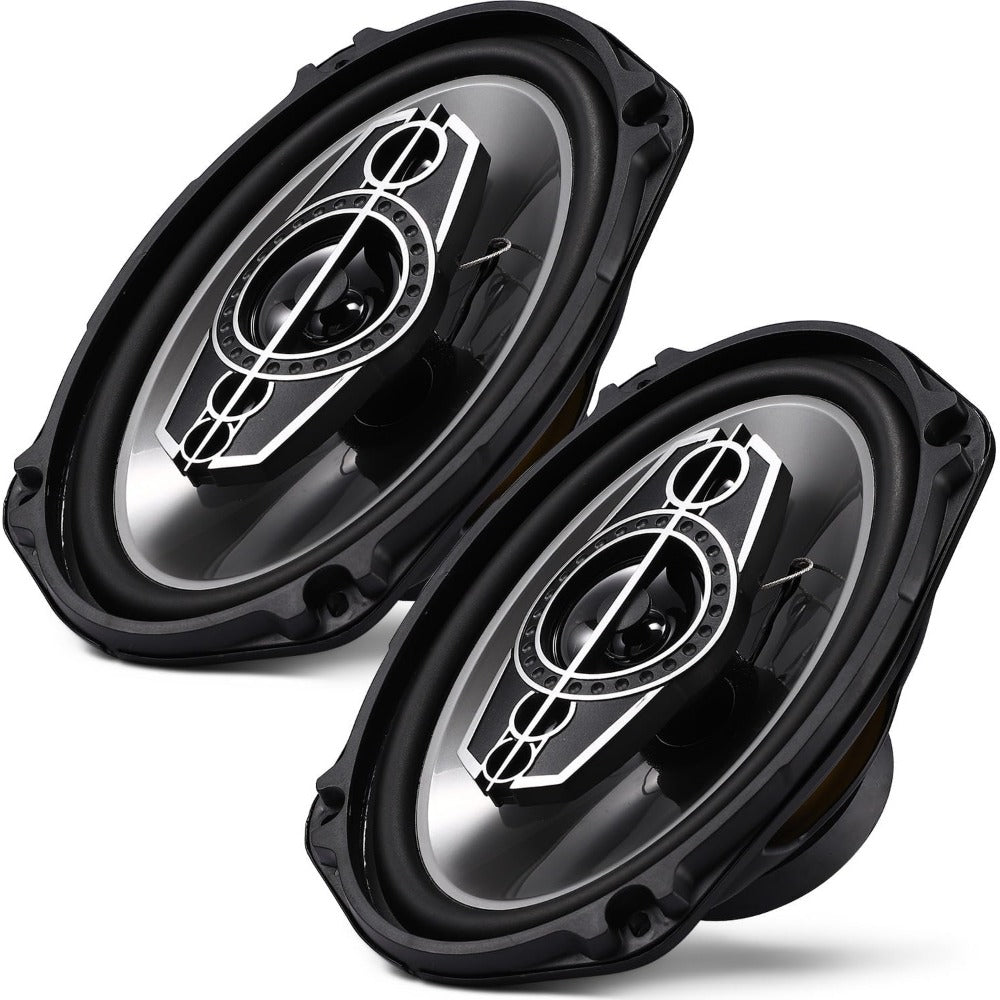 Pair of 6 x 9 Inch Five-Way Coaxial Car Speakers Labeled 1000W Peak, 120W RMS and 4 Ohms with Grilles