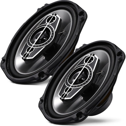 Pair of 6 x 9 Inch Five-Way Coaxial Car Speakers Labeled 1000W Peak, 120W RMS and 4 Ohms with Grilles