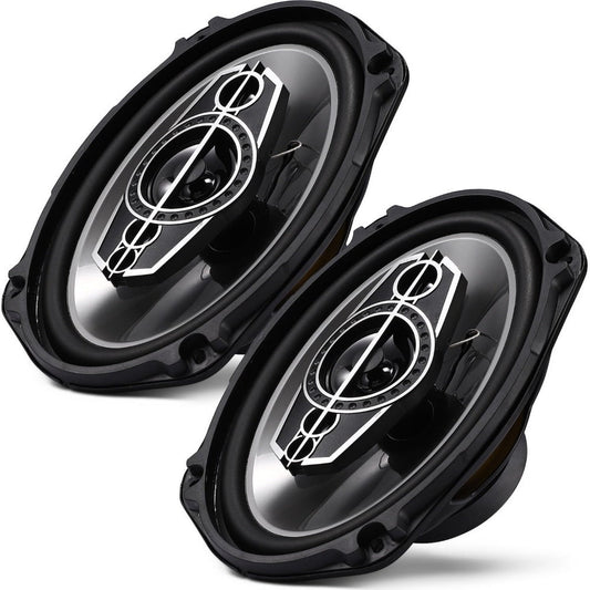 Pair of 6 x 9 Inch Five-Way Coaxial Car Speakers Labeled 1000W Peak, 120W RMS and 4 Ohms with Grilles