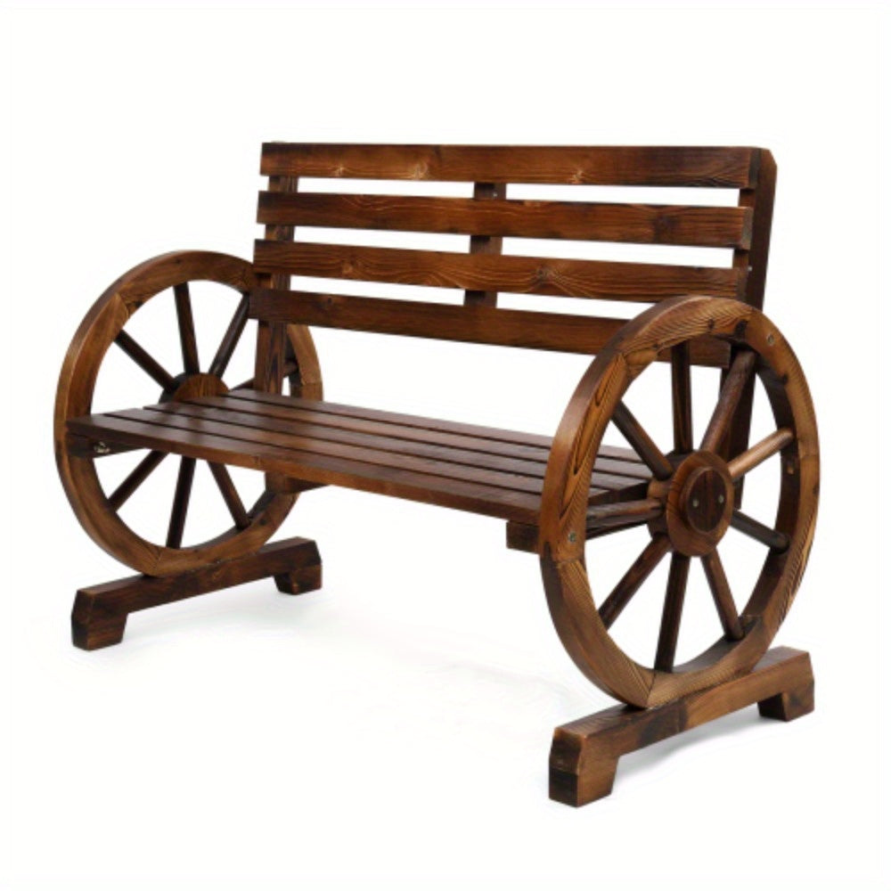 Outdoor Wooden Wheel Bench 3-Person Wagon Slatted Seat Weatherproof Porch Garden