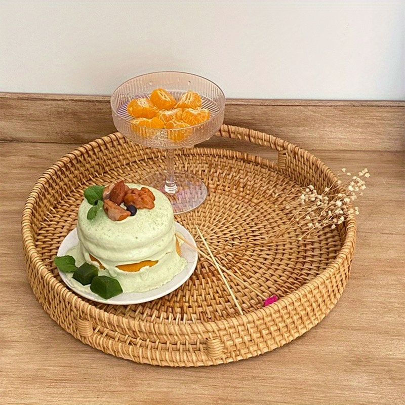 Serving Tray Basket – Hand-Woven Round Rattan Organizer for Fruits Bread Snacks, for Home Cooking, Dining and Outdoor Meals