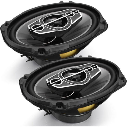 Pair of 6 x 9 Inch Five-Way Coaxial Car Speakers Labeled 1000W Peak, 120W RMS and 4 Ohms with Grilles