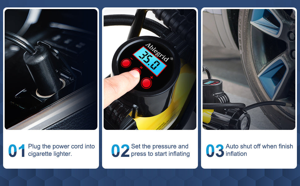 150 PSI 12V Tire Inflator with Analog Pressure Gauge, Carry Bag, Hose Accessories and Yellow or Blue Housing