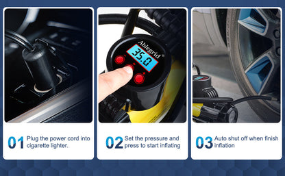 150 PSI 12V Tire Inflator with Analog Pressure Gauge, Carry Bag, Hose Accessories and Yellow or Blue Housing