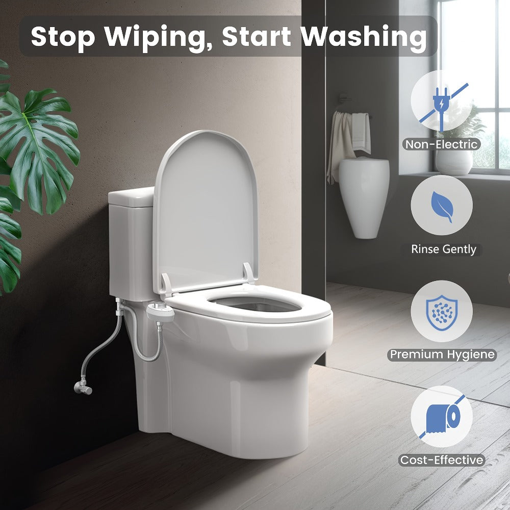 Ultra-Slim Non-Electric Bidet Attachment for Toilet, Self-Cleaning Dual Retractable Nozzles, Adjustable Water Pressure, Fresh Water Sprayer