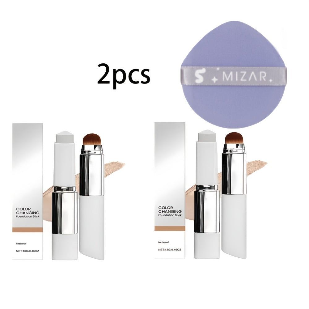 Skin Tone Adapting Color-Changing Foundation Stick 2-Piece with Built-In Brush & Puff – Lightweight Matte Finish Sheer to Buildable Coverage
