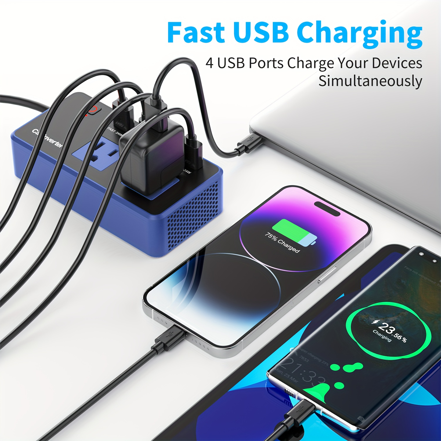 Car Inverter Charger 200W DC 12V to AC 110V with PD 24W USB-C QC 24W Quick Charge Car Plug Adapter US Socket for Vehicle Office Camping Road