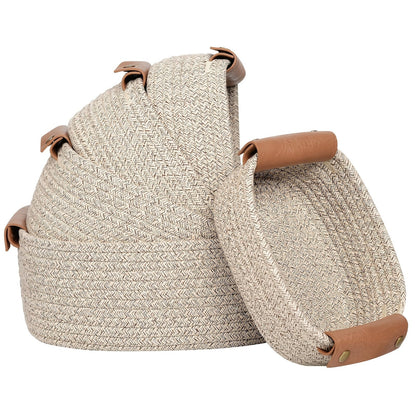 Cotton Rope Storage Baskets Set of 5 with Leather Handles in Four Color Options for Home Organization